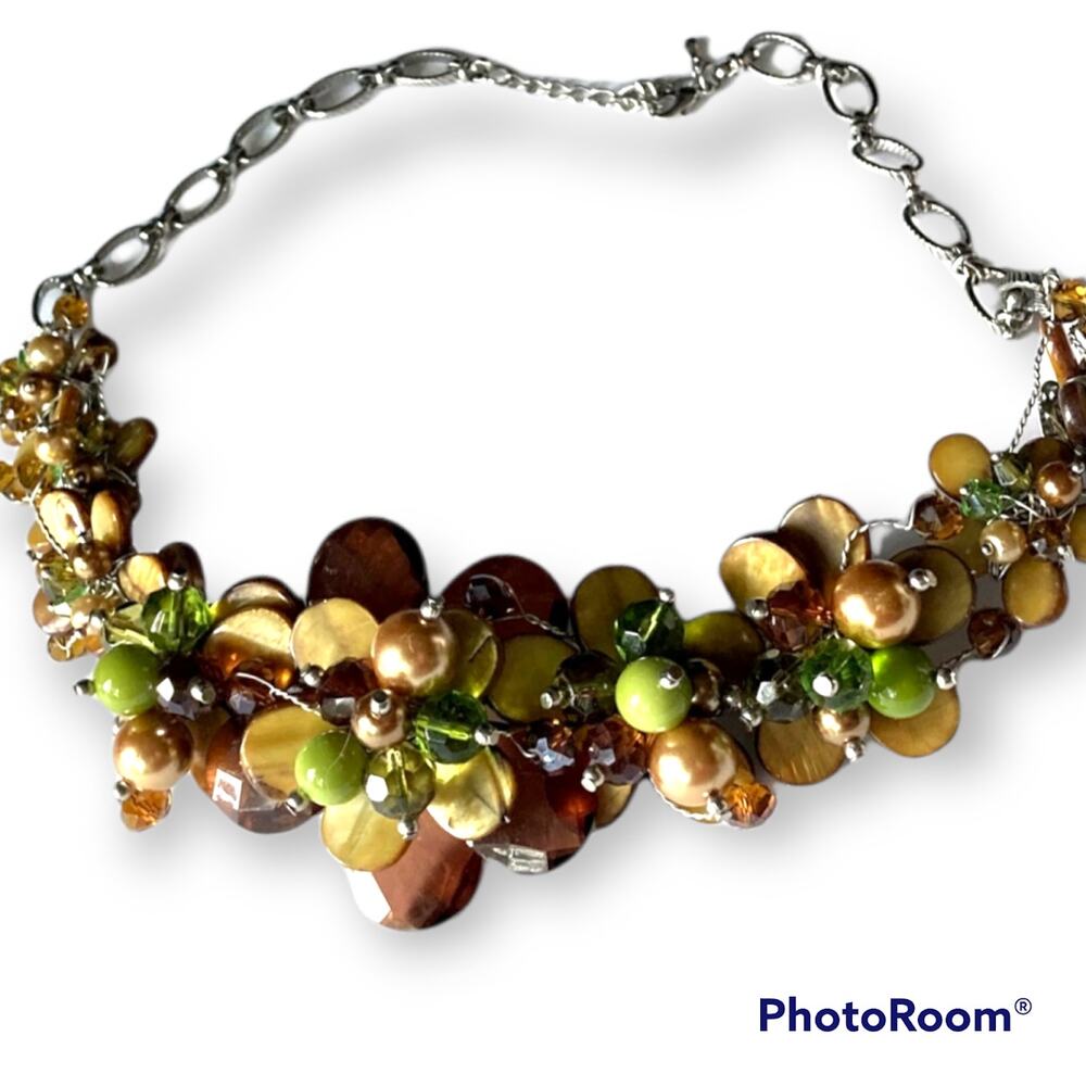 Earth tone button & crystal wired style flower collar statement necklace